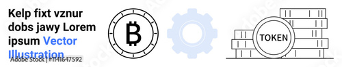 Bitcoin symbol in a coin style, gear icon in light blue, stack of token coins in black and white. Ideal for blockchain, digital currency, cryptocurrency trading, fintech, decentralized finance