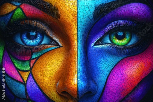 A striking, colorful close-up of two eyes with vivid mosaic patterns contrasting in blue, green, orange, and purple hues.