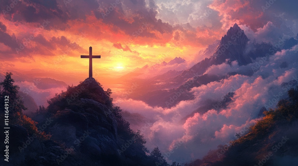 A Christian cross at the summit of a mountain, with a beautiful sunrise casting its light over the scene, evoking a message of faith and strength. A Christian cross at the summit of a mountain, with a beautiful sunrise casting its light over the scene, evoking a message of faith and strength.