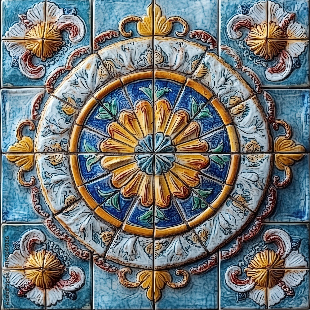 Obraz premium Vibrant ceramic tile art featuring intricate floral designs in blue, yellow, and white, perfect for enhancing any decor.