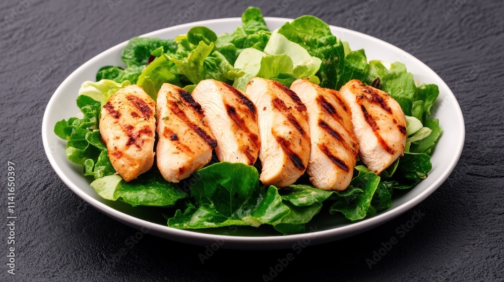Grilled chicken slices on a bed of fresh lettuce.