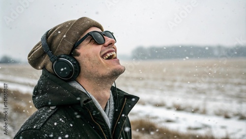 Close-up of a young man in sunglasses and wearing a hat and headphones laughing against the backdrop of a snowfal photo