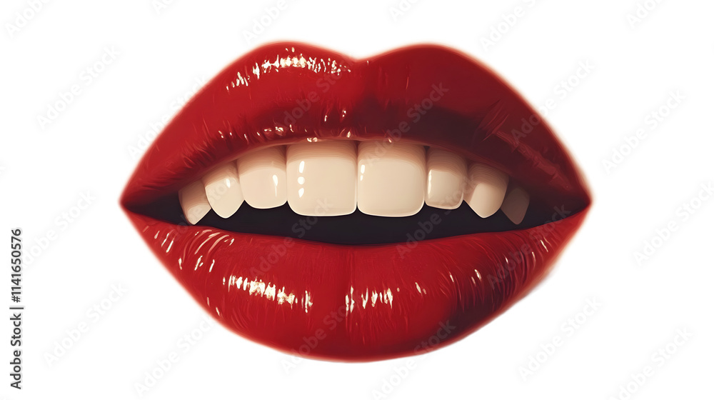 A red and glossy female lip with white teeth is displayed on the wall, isolated on a transparent background