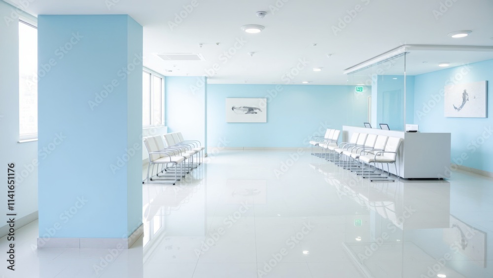 Fototapeta premium Modern hospital waiting area with minimalist design, white and light blue color scheme, featuring cushioned chairs, natural light, glossy flooring, and a professional ambiance for a serene environment