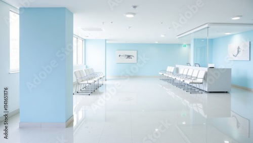 Modern hospital waiting area with minimalist design  white and light blue color scheme  featuring cushioned chairs  natural light  glossy flooring  and a professional ambiance for a serene environment
