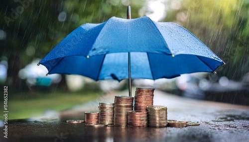Wallpaper Mural Nature's Shield: A Blue Umbrella Safeguarding Coins, Representing Financial Stability and Protection Torontodigital.ca