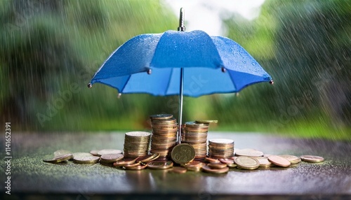 Wallpaper Mural Nature's Shield: A Blue Umbrella Safeguarding Coins, Representing Financial Stability and Protection Torontodigital.ca