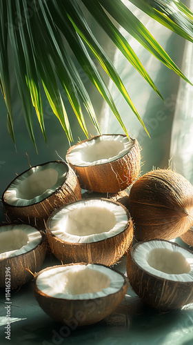 Tropical coconuts and palm leaves with warm natural light photo