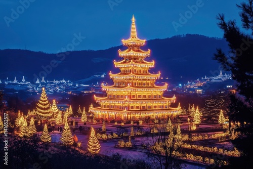 A panoramic view of the pagoda illuminated by festive lights. photo