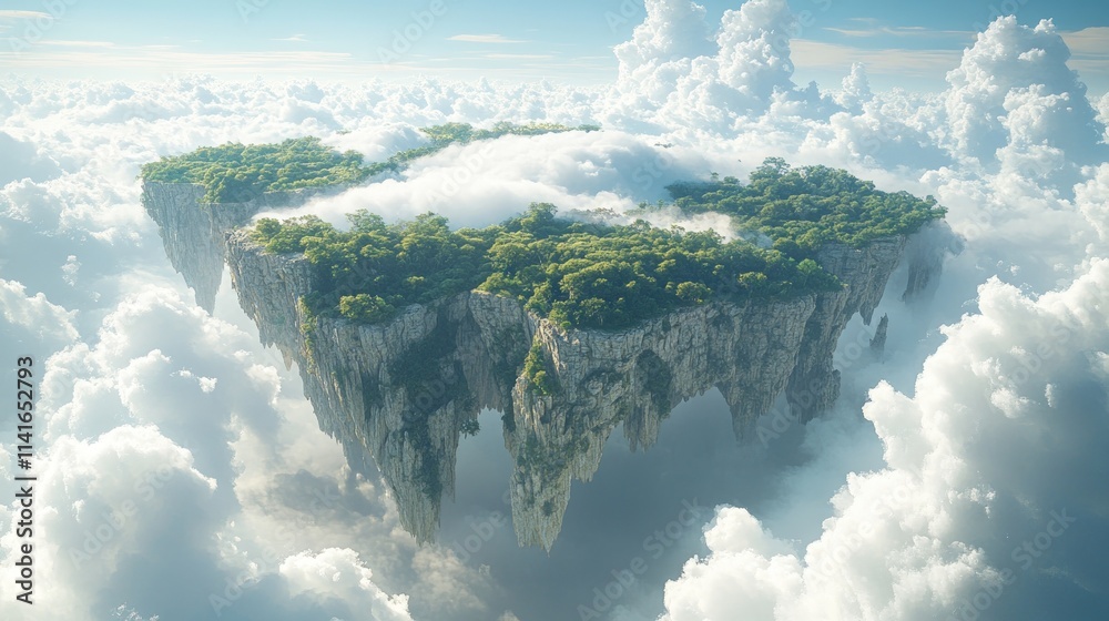 Fototapeta premium Floating island, lush vegetation, cloudy sky.