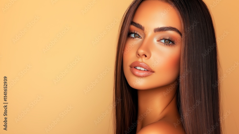 A clean and elegant studio photo of a woman with long straight hair, wearing subtle natural makeup A clean and elegant studio photo of a woman with long straight hair, wearing subtle natural makeup