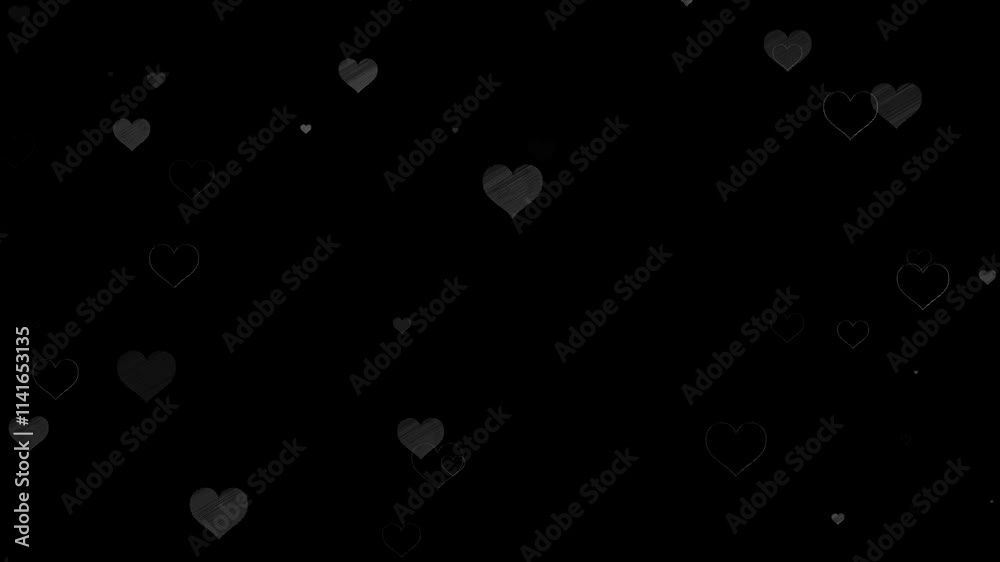 Aesthetic scribble heart love falling particle overlay animation on black background