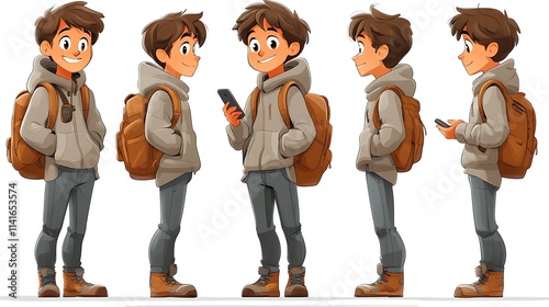 Cartoon boy with backpack in various poses.