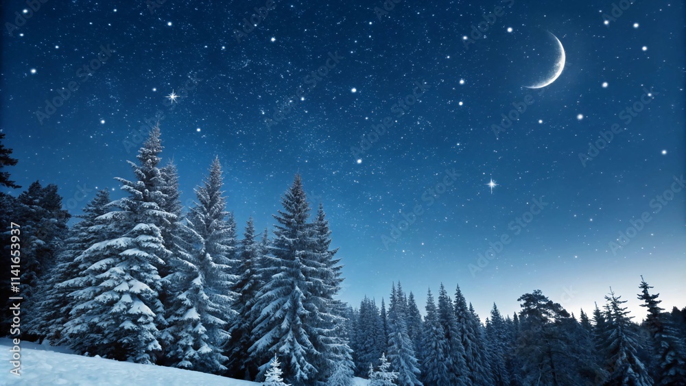 A deep blue gradient resembling a winter night sky with twinkling stars, a crescent moon A deep blue gradient resembling a winter night sky with twinkling stars, a crescent moon