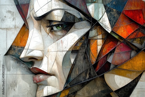 An expressive, angular portrait of a woman with striking green eyes, showcasing a blend of colors and textures.