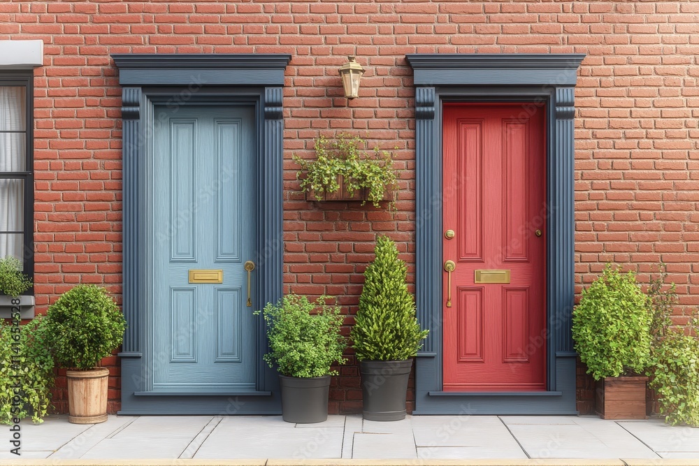 Charming home exterior featuring a blue and a red door with potted plants, creating a vibrant and inviting atmosphere. Charming home exterior featuring a blue and a red door with potted plants, creating a vibrant and inviting atmosphere.