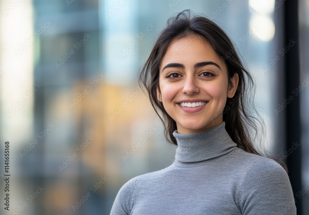 Young woman smiling confidently outdoors in urban setting, wearing a stylish turtleneck sweater, enjoying a bright day with blurred city background highlighting modern architecture. Young woman smiling confidently outdoors in urban setting, wearing a stylish turtleneck sweater, enjoying a bright day with blurred city background highlighting modern architecture.