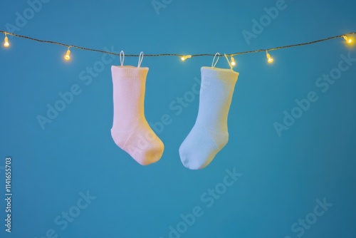 Quirky Composition of Mismatched Socks Against Blue Background for Fun Decor photo