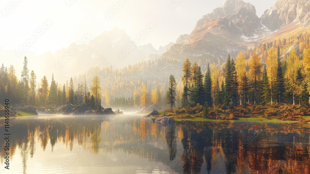 Fototapeta premium Serene mirror lake capturing misty mountains in a calm and peaceful landscape illustration