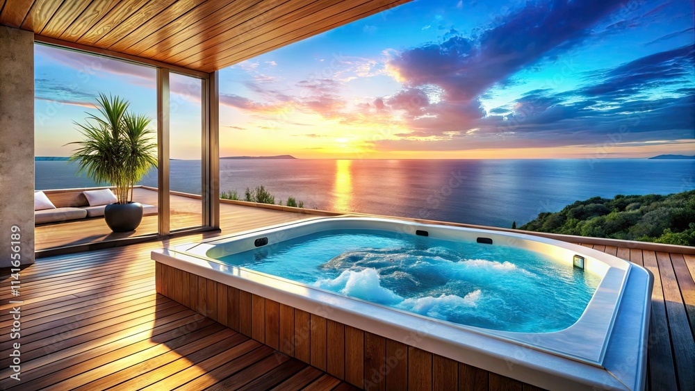 Fototapeta premium Indulge in a private, luxurious hot tub experience. Blue water awaits for ultimate relaxation and hydrotherapy.