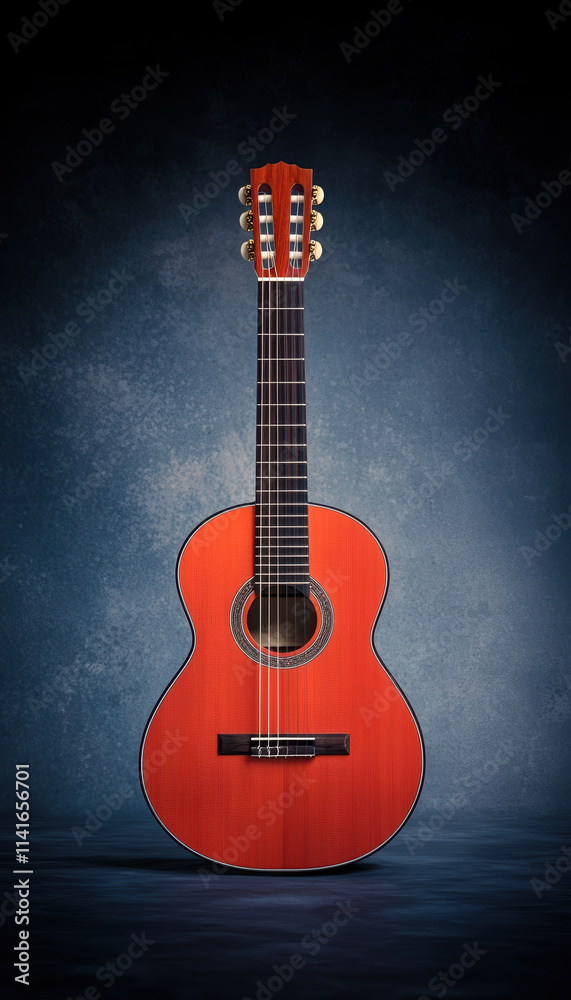 Naklejka premium vibrant red guitar stands against textured blue background, showcasing its elegant design and craftsmanship. deep mahogany tones enhance its visual appeal, making it striking piece
