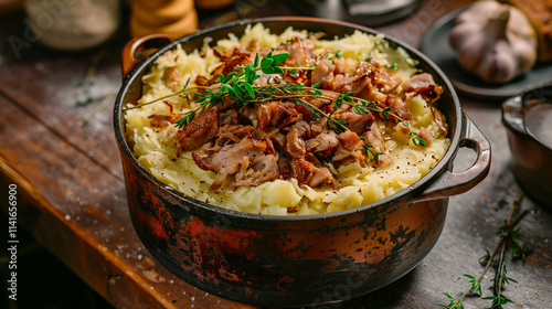 A rustic food pot filled with soft grated potatoes as the base, layered with crunchy fried pork pieces and garnished with fresh thyme, placed on a wooden kitchen counter.