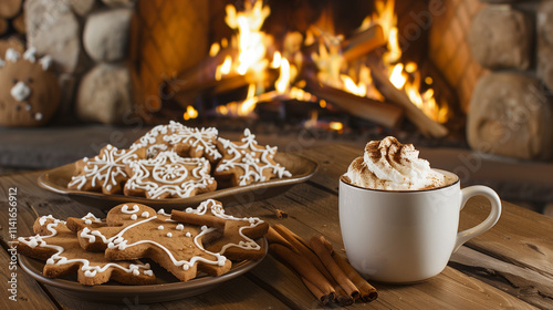 A rustic wooden table with a cup of hot cocoa, whipped cream, and cinnamon garnish.