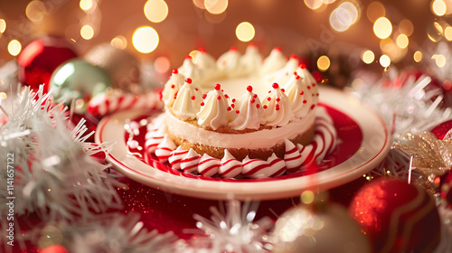 A small cream cake with a delicate candy cane border, sitting on a red-and-white plate surrounded by Christmas decorations, such as tinsel and ornaments.