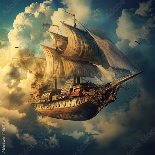 A majestic vintage ship sailing through the clouds, a dreamy journey of fantasy and exploration. photo