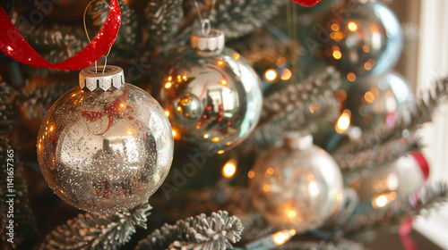 A soft-focus shot of vintage Christmas balls hanging on a tree, their reflective surfaces capturing the glimmer of nearby lights, with hints of tarnished silver and traditional red ribbons.
