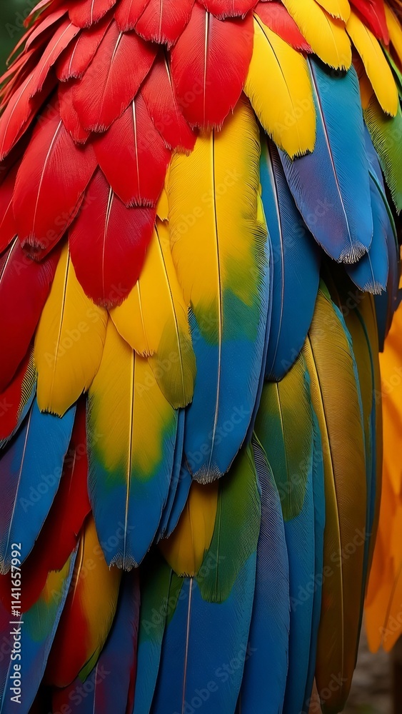 Fototapeta premium Vibrant Close-Up of Colorful Parrot Feathers in Red, Yellow, Blue, and Green – Macro Nature Photography phone wallpaper