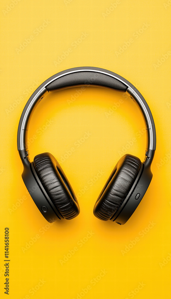 Sleek black headphones on bright yellow background, showcasing modern design and comfort. Perfect for music lovers and audiophiles seeking quality sound Sleek black headphones on bright yellow background, showcasing modern design and comfort. Perfect for music lovers and audiophiles seeking quality sound