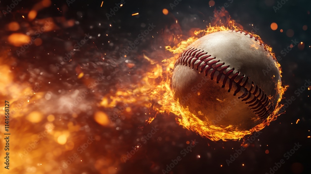 Flying baseball in flames on black background,Hot baseball ball in fires flame,Closeup Baseball player hitting ball with bat,home run,baseball field with grandstand,sport day,space for text.