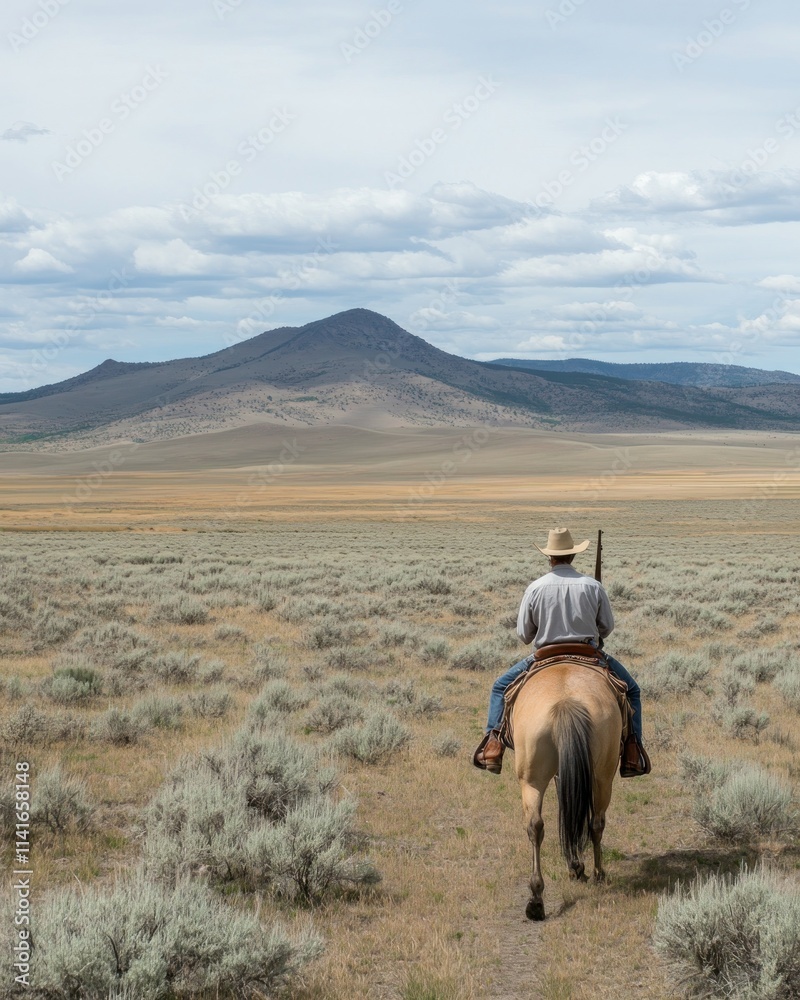 A rider on horseback traverses a vast, open landscape under a cloudy sky. A rider on horseback traverses a vast, open landscape under a cloudy sky.