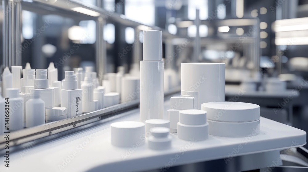 A modern cosmetic industry setting with a white plastic bottle moving on a conveyor belt, equipped with auto capping and labeling machinery for skincare products. A modern cosmetic industry setting with a white plastic bottle moving on a conveyor belt, equipped with auto capping and labeling machinery for skincare products.