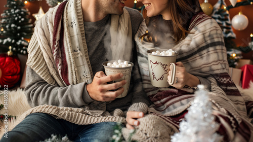 A warm and joyful scene of a couple celebrating Christmas Eve at home, sitting close together with a blanket covering their laps.