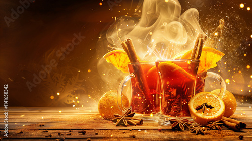 A warm Christmas setting showcasing glasses of mulled wine, steaming and garnished with orange slices, cinnamon sticks, and star anise.
