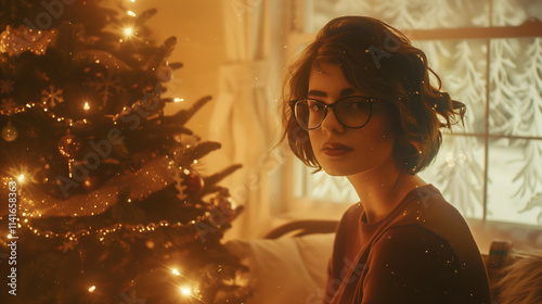 A warm cinematic grain photograph of a young woman with short wavy hair and glasses, illuminated by the soft glow of a Christmas tree in a cozy room.