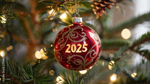 An artistic close-up photo of a glossy red bauble hanging from a Christmas tree.