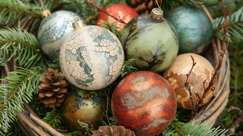 An arrangement of vintage Christmas balls in a woven basket, nestled among evergreen sprigs and pinecones, showcasing rich, timeworn colors and delicate crackled finishes.