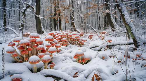 An enchanting New Year’s forest blanketed with snow, where clusters of red mushrooms peek through patches of uncovered ground.