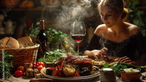 An inviting autumnal dinner scene: a stylish lady sits at a lavishly set table, savoring the aroma of a freshly served pork knuckle dish surrounded by roasted vegetables.