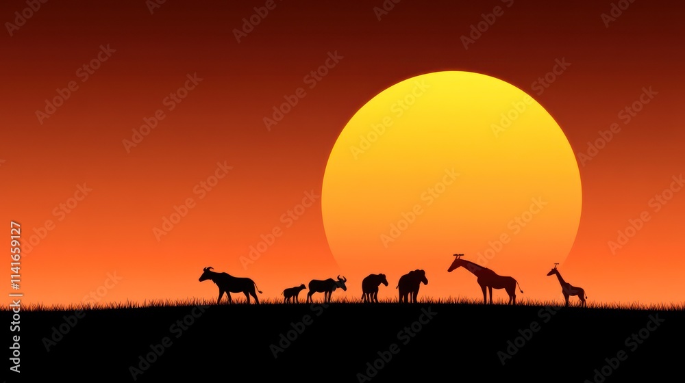 Silhouettes of animals against a vibrant sunset backdrop. Silhouettes of animals against a vibrant sunset backdrop.