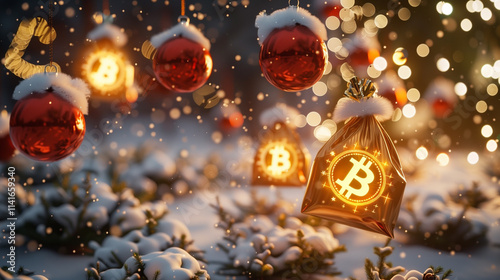 Snowballs and holiday gift bags adorned with radiant Bitcoin logos fall gently over a snowy Christmas landscape.