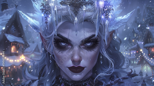 The evil Snow Queen's full face, framed by frosty white hair with icy tips, her expression cold and menacing.