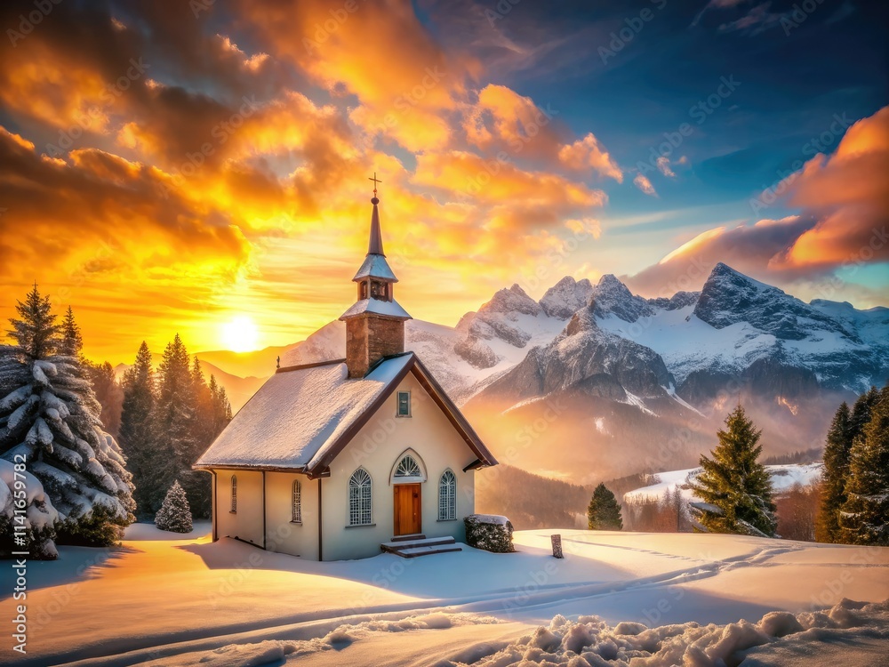Fototapeta premium Majestic mountains frame a snow-covered church at sunset; a vintage winter scene.