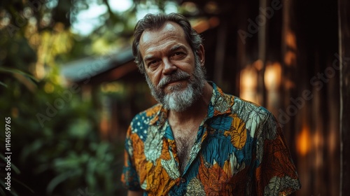 portrait of a proud white man with a neatly groomed beard, wearing a colorful patterned shirt, standing outdoors in front of a rustic wooden jungle house surrounded by greenery.  photo