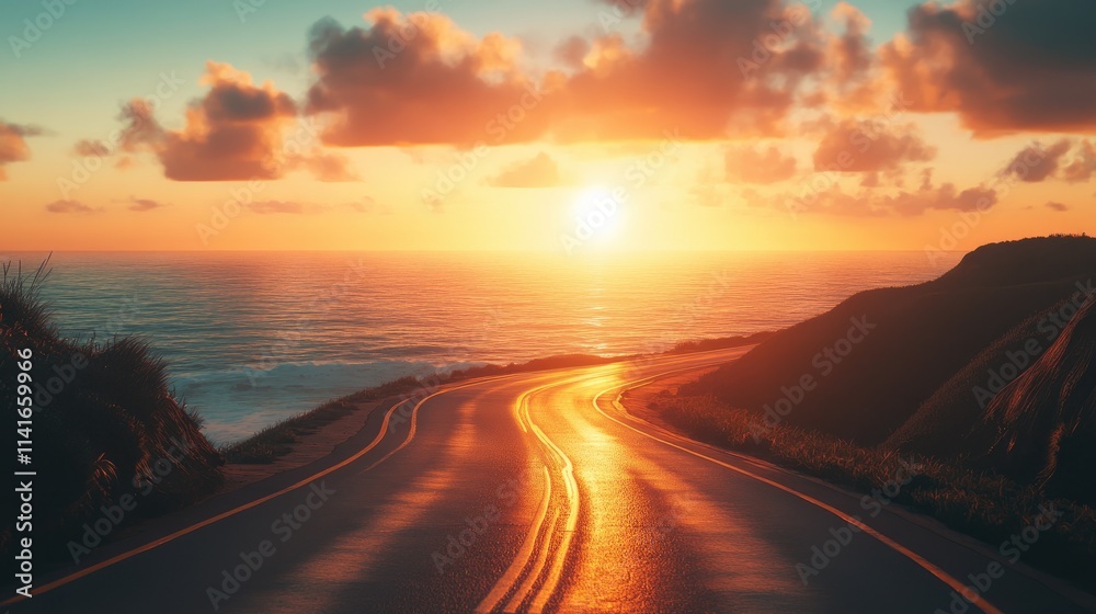 A road by the ocean at sunset, with the sun setting over the horizon and casting beautiful reflections on the water. A road by the ocean at sunset, with the sun setting over the horizon and casting beautiful reflections on the water.
