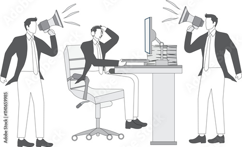 Marketing strategy, media advertising message bombardment, debt or work project rush, hand holding megaphone to businessman incessantly talking and complaining