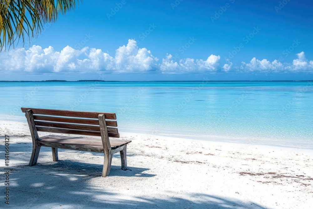 Fototapeta premium A serene beach scene featuring a wooden bench overlooking calm turquoise waters and clouds.